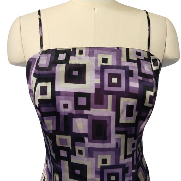 Vintage 90s Sleeveless Top Size S Purple Satin Geo Print Square Neck 1990s - Picture 2 of 6
